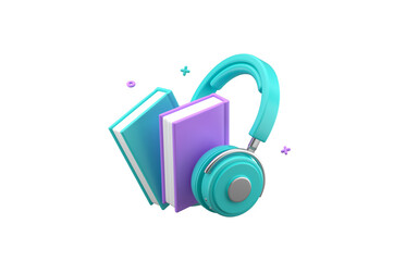 Reading listening audiobooks with headset. Headphones with books isolated. 3d rendering