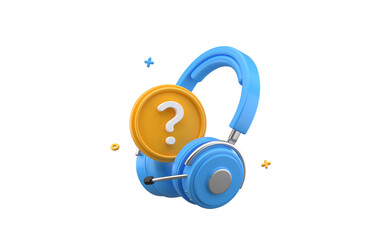 Customer support headphones with question mark. Hotline service headset. 3d rendering