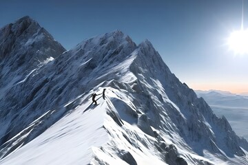 Fototapeta na wymiar Reaching your goals concept, mountain climber folowing path to flag on top of mountain, illustration. Generative AI