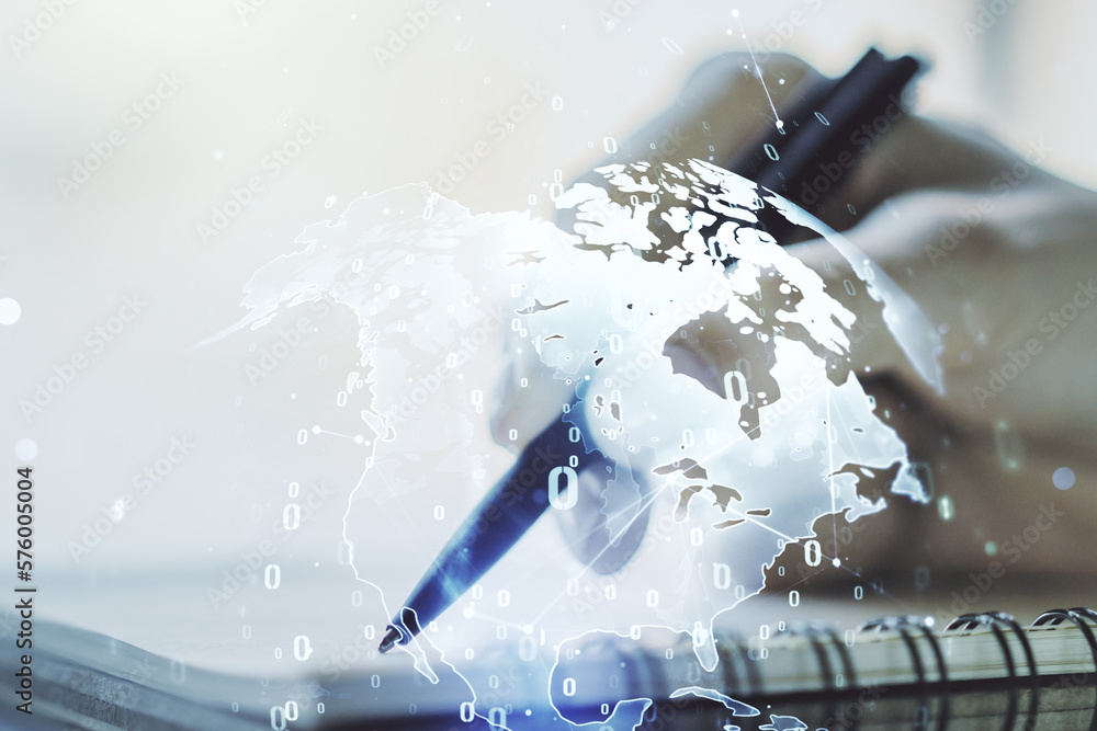 Poster double exposure of abstract creative programming illustration with world map and woman hand writing 