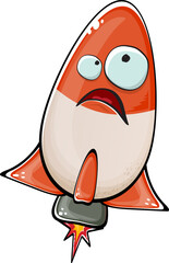 Rocket spaceship character. Cartoon space rocket isolated on white background. Funky spaceship and shuttle character with eyes and mouth. Vector retro space ship clip art, emoji, label and sticker
