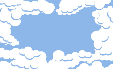 White fluffy clouds surround an opening that reveals clear blue sky where graphic elements or text may be placed.