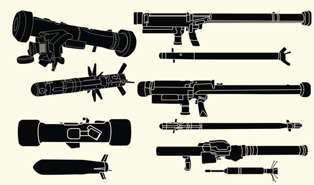 Military Hand Grenade and Bazooka Portable Rocket Launcher Collection,vector illustration.