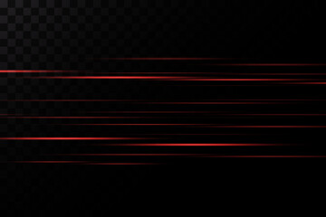 A set of red lines, laser beams, bright light beams with glitter and dust on a transparent background. vector illustration	
