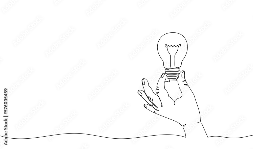 Poster continuous one line drawing of hand holding electric light bulb. concept of idea emergence or genera