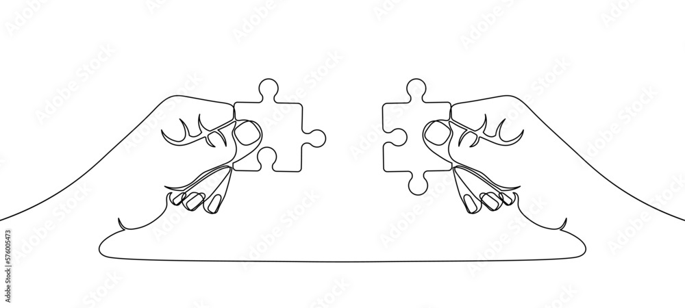 Poster two hands holding jigsaw puzzle pieces to put them together, drawn with one continuous line. one lin