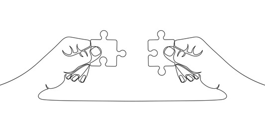 Two hands holding jigsaw puzzle pieces to put them together, drawn with one continuous line. One line teamwork or collaboration concept with jigsaw puzzle elements. Vector illustration.