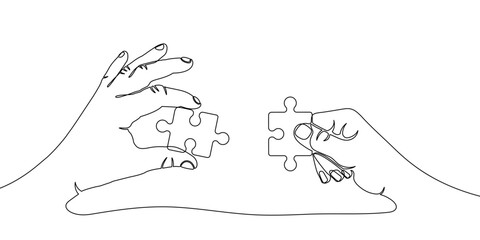 Obraz premium Two hands holding jigsaw puzzle pieces to put them together, drawn with one continuous line. One line teamwork or collaboration concept with jigsaw puzzle elements. Vector illustration.