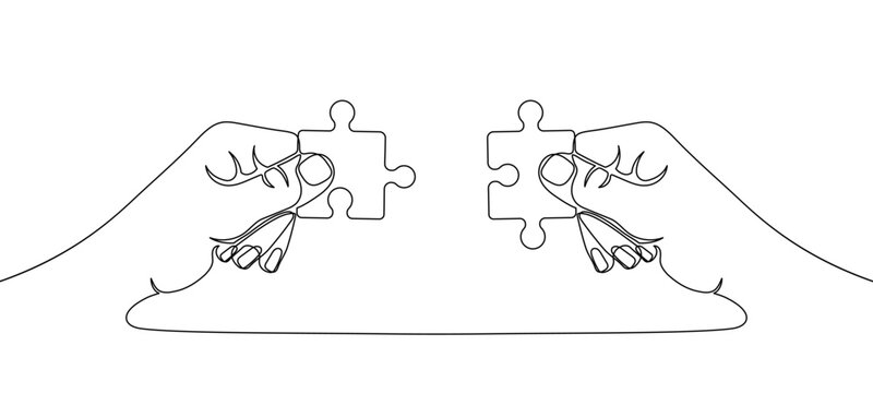 recommend clip art: Two hands holding jigsaw puzzle pieces to put them together, drawn with one continuous line. One line teamwork or collaboration concept with jigsaw puzzle elements. Vector illustration.