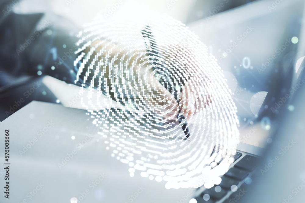 Poster abstract creative fingerprint concept with hand writing in notebook on background with laptop. multi