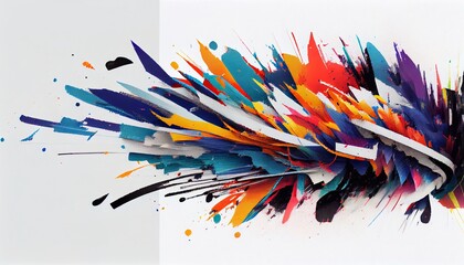 Chaotic, multicolored, splashes of paint on a white background.