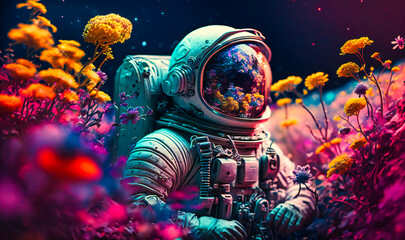 Amid a sea of vibrant blossoms, the astronaut gazed upon an extraterrestrial landscape, awed by its splendor