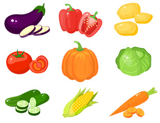 A large mega set of vegetables and fruits in a juicy cartoon style. The concept of healthy food and products. A bright element for your design.