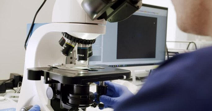 The doctor examines the sperm samples under a microscope. Scientist in sperm laboratory. Analyze sperm cells fertilizing ovum egg under microscope, doctor looking at human fertilization process. - Powered by Adobe