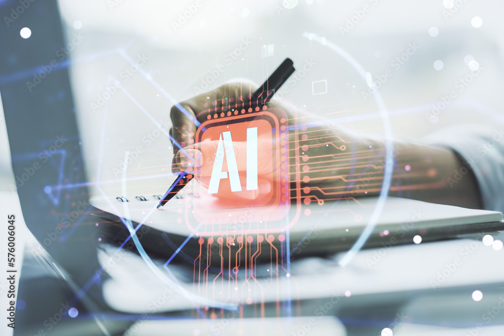 Poster Double exposure of creative artificial Intelligence abbreviation with hand writing in notepad on background with laptop. Future technology and AI concept