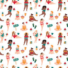 Vector seamless pattern with chubby funny girls in swimsuits in a flat style. Summer beach pattern with girls in swimsuits