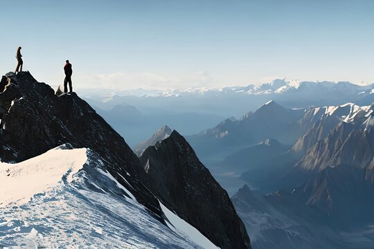 two person on top of mountain peak. goal, success and teamwork concepts. Generative AI