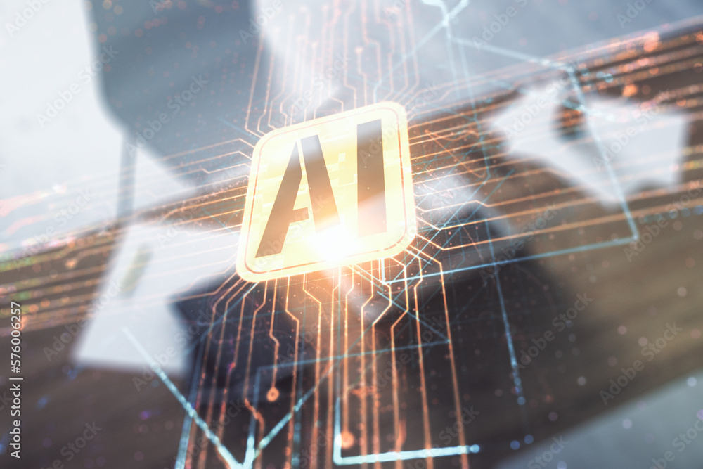 Poster double exposure of creative artificial intelligence icon and modern desktop with laptop on backgroun