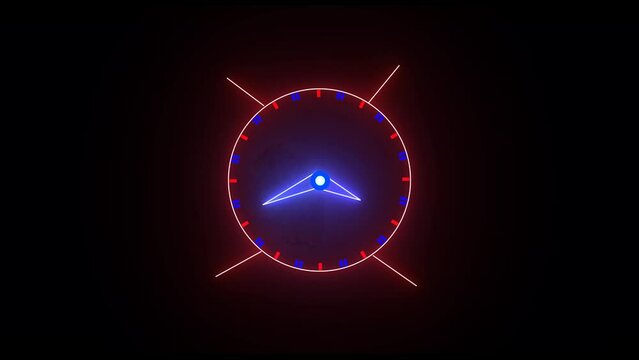 digital analog glowing round clock animation on 24 hours time always rotating on black texture background