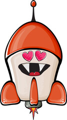 Rocket spaceship character. Cartoon space rocket isolated on white background. Funky spaceship and shuttle character with eyes and mouth. Vector retro space ship clip art, emoji, label and sticker