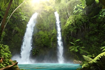 Fototapeta na wymiar woman in front of a waterfall in a tropical forest, adventure. Generative AI
