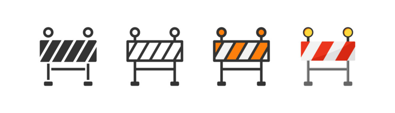 Road barrier icon on light background. Warning, roadblock symbol. Under construction, traffic, stop, fence, safety. Outline, flat and colored style. Flat design. Vector illustration.