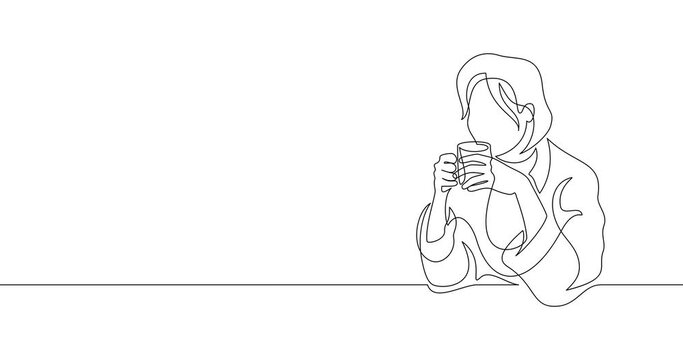 Animation of an image drawn with a continuous line. Girl with cup of coffee.