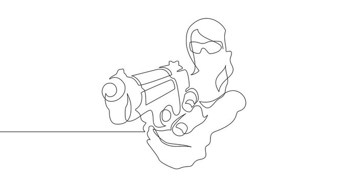 Animation of an image drawn with a continuous line. Girl with a gun in shooting range.