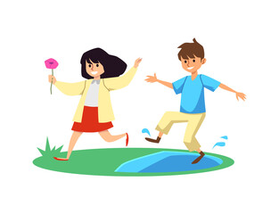 Happy boy and girl running and jumping in puddles, flat vector illustration isolated on white background.