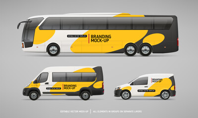 Realistic Coach Bus, Van and Car Mockup set concept. Abstract yellow and black graphics consept for Brand identity and Advertising on Passenger Bus. Editable vector template