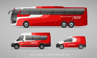Red Coach Bus, Van and Car Mockup set concept. Abstract graphics consept for Brand identity and Advertising on Passenger Bus. Editable vector template
