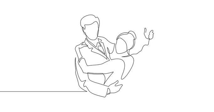 Animation of an image drawn with a continuous line. Bride and groom dancing at wedding ceremony.