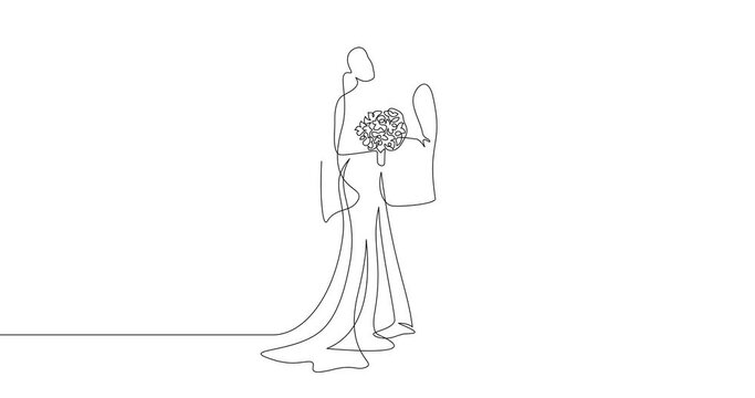 Animation of an image drawn with a continuous line. Bride and groom with bridal bouquet at wedding ceremony.