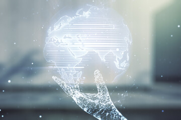 Multi exposure of abstract creative digital world map hologram on modern business center exterior background, research and analytics concept
