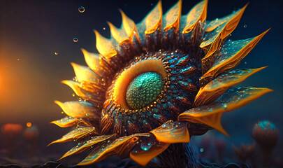 A close-up of a sunflower, highlighting the intricate details of its petals and seeds. A droplet of water on a blade of grass