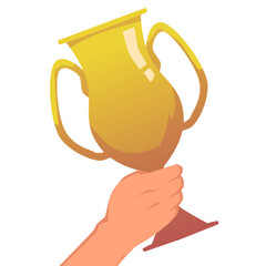 Golden cup in hand, trophy for winning competition - flat vector illustration isolated on white background.
