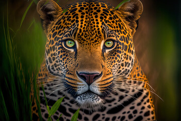Fototapeta Close up portrait of a leopard. Dangerous predator in natural habitat. Wildlife scene. Digital ai art obraz