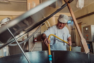 A cheese makser working in the industry on various machines with the help of which cheese is processed. Small business concept