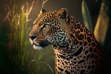 Close up portrait of a leopard. Dangerous predator in natural habitat. Wildlife scene. Digital ai art