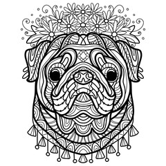 Coloring book page pug dog vector illustration