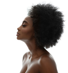 Face Profile of African Beauty Woman with Afro Hairstyle. Dark Skinned Model Side view Portrait over White Background. Women Facial and Body Care Spa Cosmetology Cosmetics