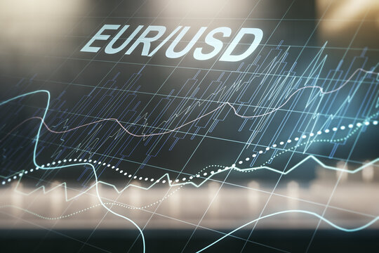 EURO USD forex graph sketch on contemporary business center exterior background, strategy and forecast concept. Multiexposure