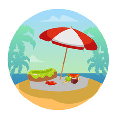 Beach umbrella on sand with flippers, fruits and swimming ring, flat vector illustration isolated on white background.
