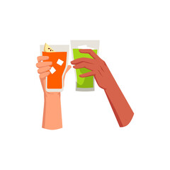 Hands hold cocktail glasses, flat vector illustration isolated on white background.