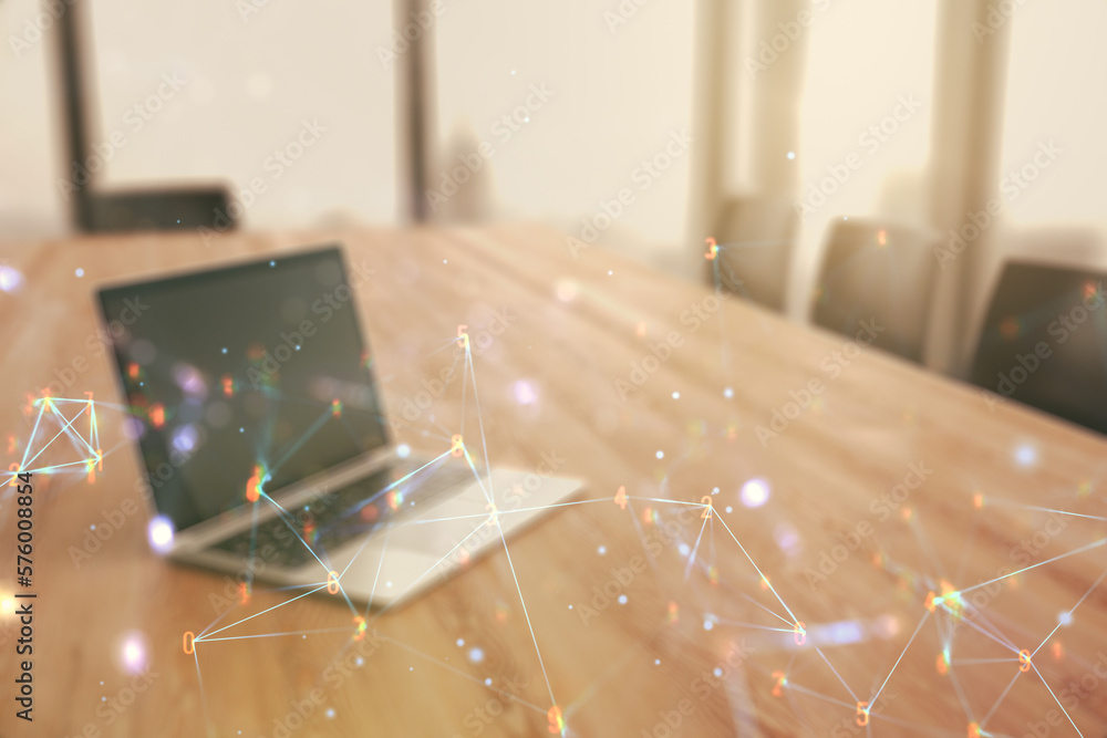 Poster double exposure of technology hologram on laptop background. research and development software conce