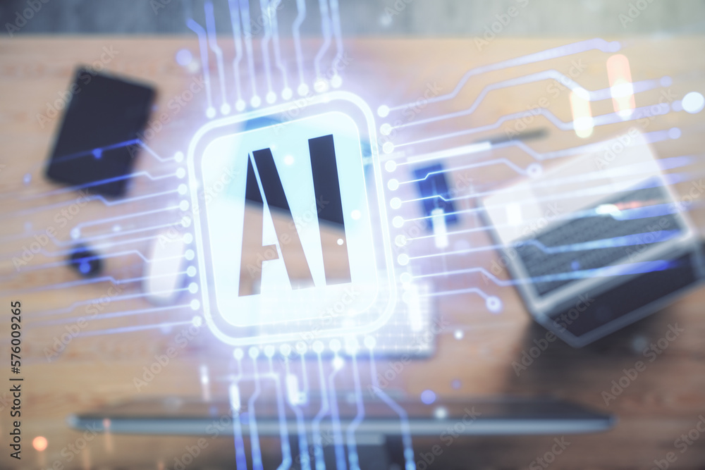 Poster double exposure of creative artificial intelligence icon with modern laptop on background. neural ne