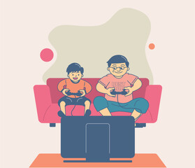 Beautiful cute pastel colorful illustration vector of Father Dad smiling use time to sitting on sofa and playing Video Game Console game on television with son with happy family mood  for Father Day 