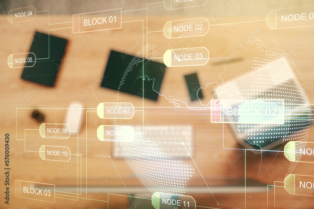 Fototapete double exposure of abstract programming language with world map on laptop background, research and d