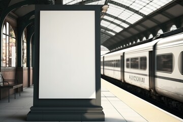 Train station white billboard with copy space for advertisement. Generative AI illustration