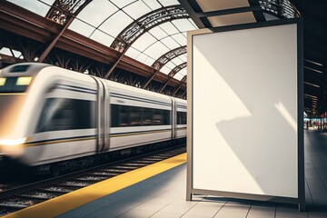 Modern train station with billboard in white for copy space or advertisement. Generative AI illustration